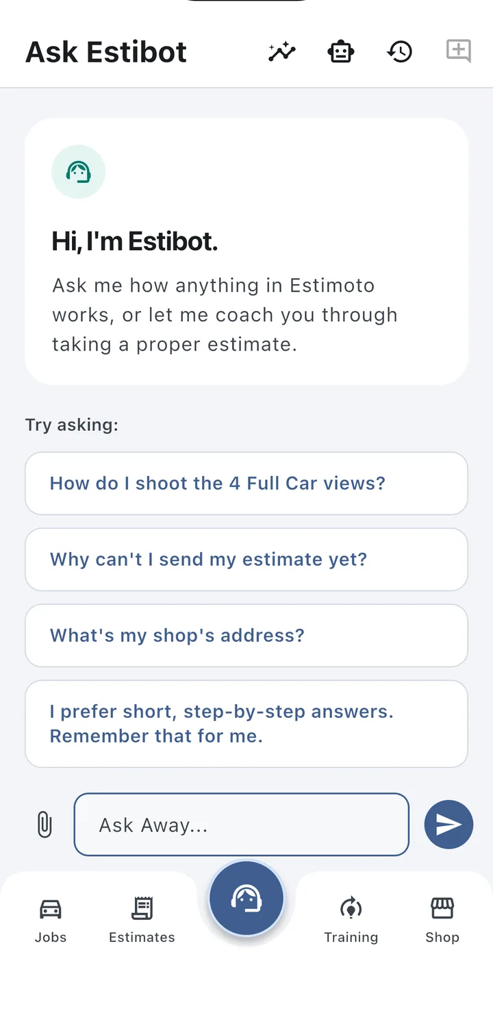 Ask Estibot screen with suggested questions about shooting the Full Car views and sending an estimate