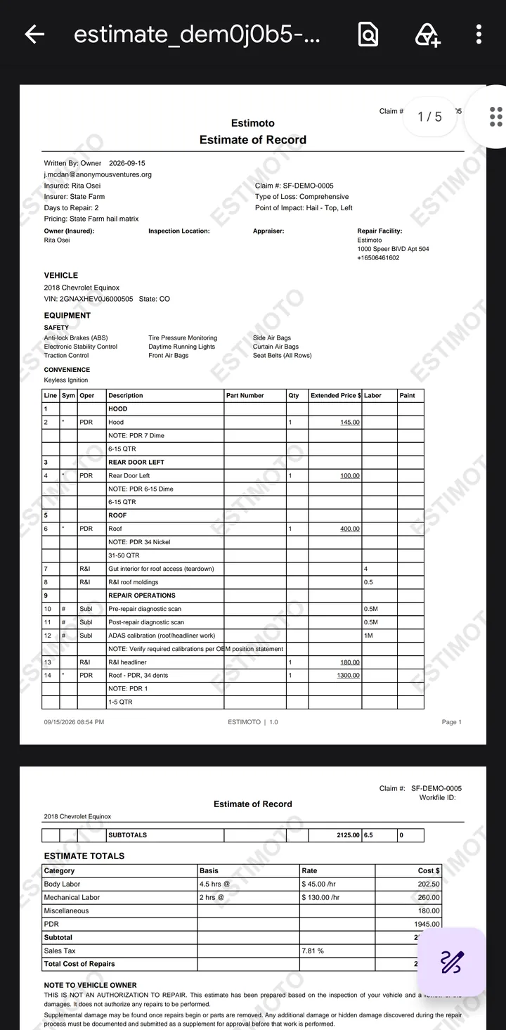 Estimate of Record preview: line items per panel with PDR labor, R&I and supplements, totals and the note to the vehicle owner