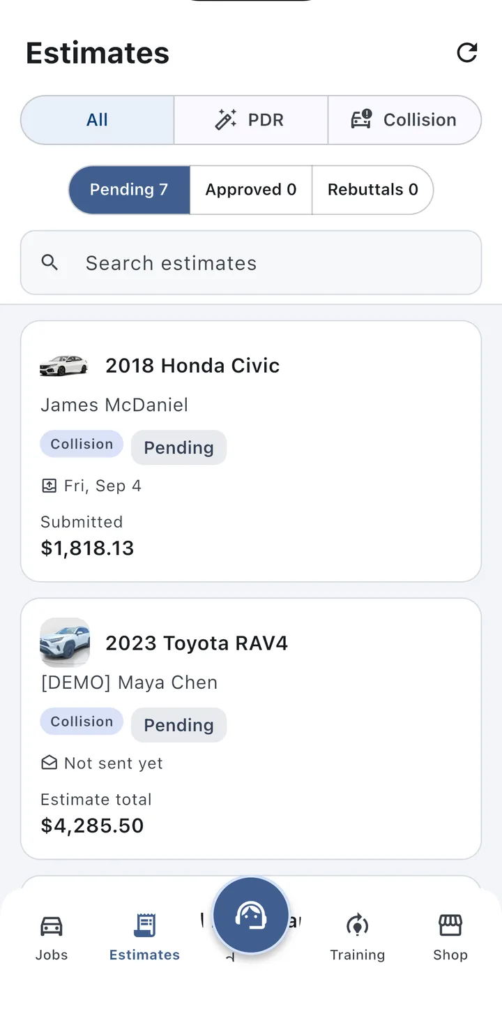 Estimates screen listing pending, approved and rebuttal estimates with submitted totals