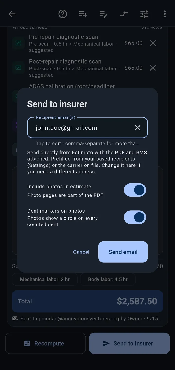 Send to insurer dialog with the recipient email, options to include photos and dent markers in the estimate, and the Send email button