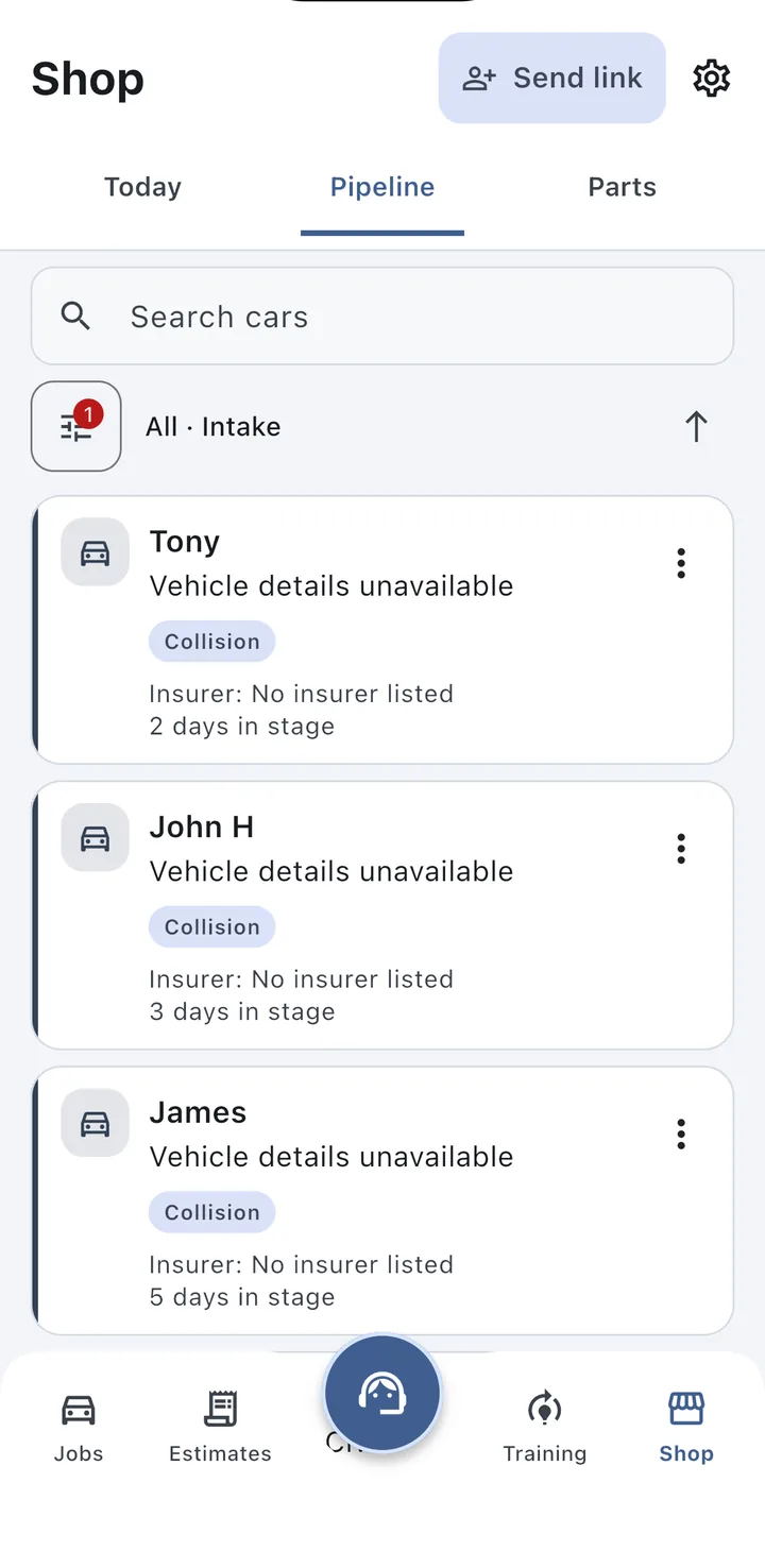 Shop screen with Today, Pipeline and Parts tabs and a Send link button