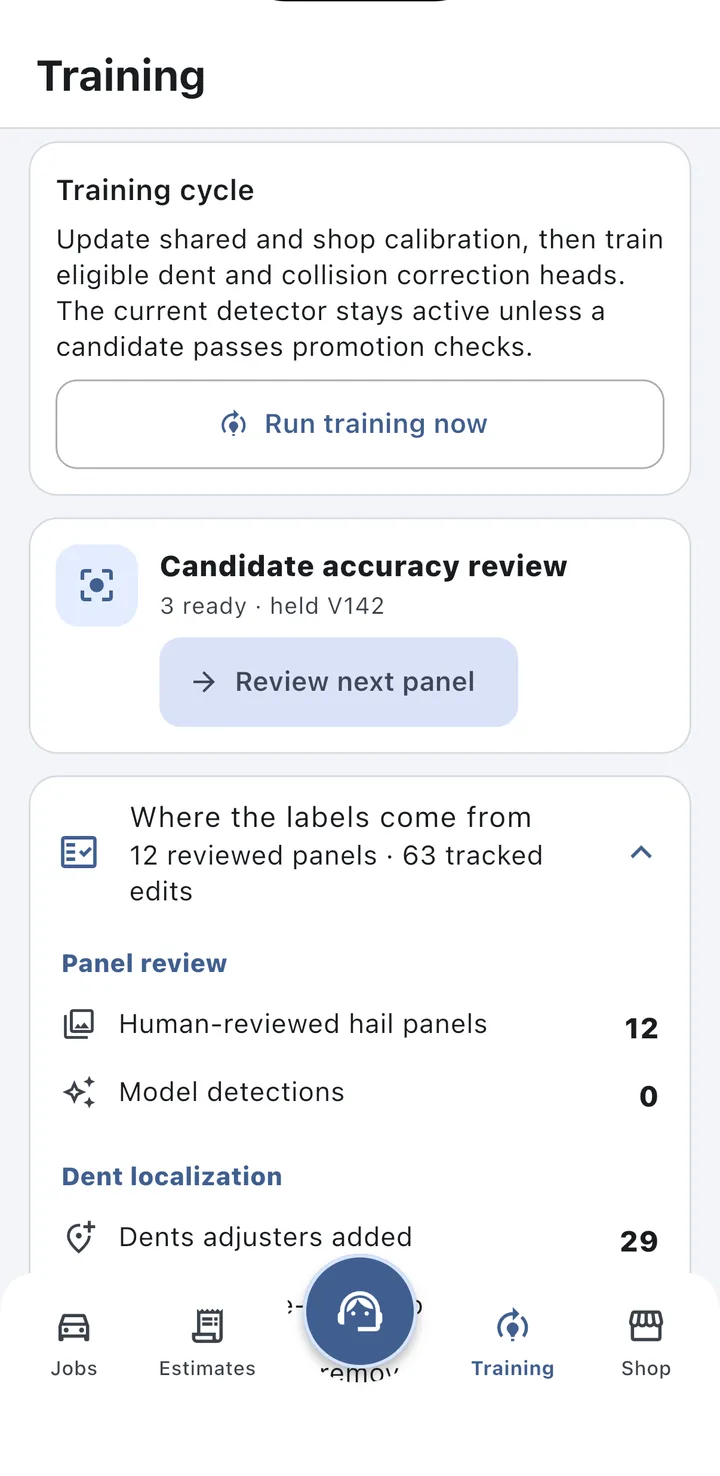 Training screen showing the training cycle, candidate accuracy review and where the labels come from