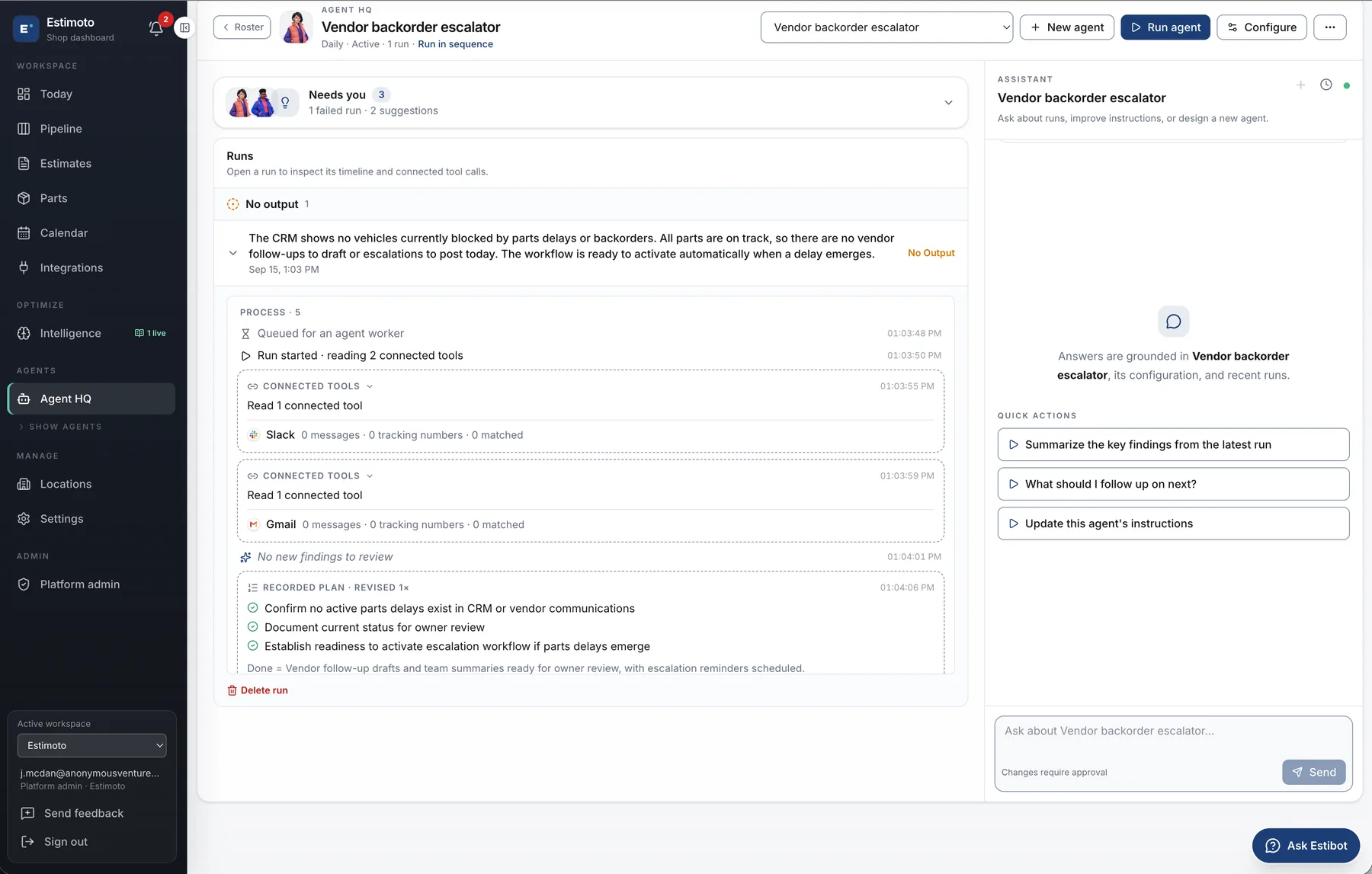 One agent run opened in Agent HQ: the timeline of connected tools it read, the recorded plan, and an assistant panel grounded in that agent's runs