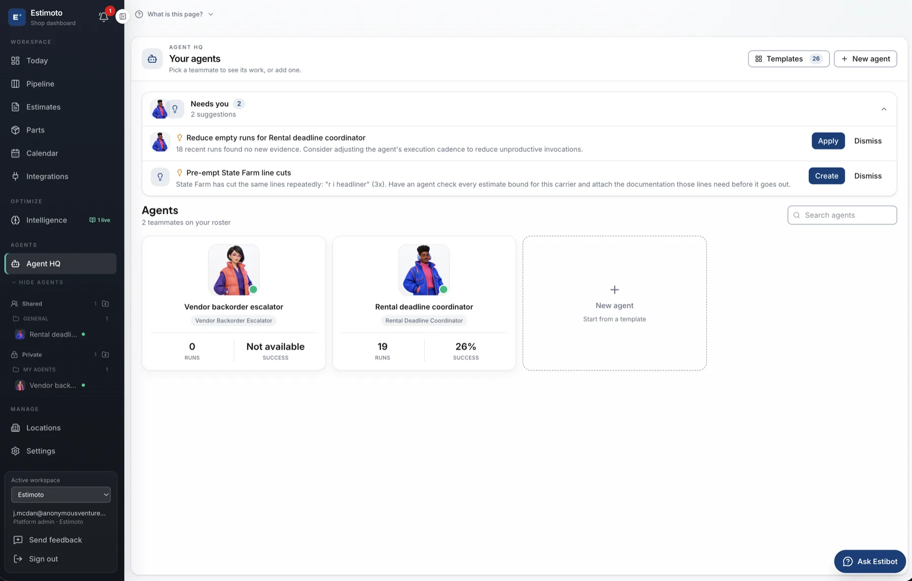 Agent HQ in Estimoto CRM: two agent suggestions waiting for approval and the roster of agents with run counts