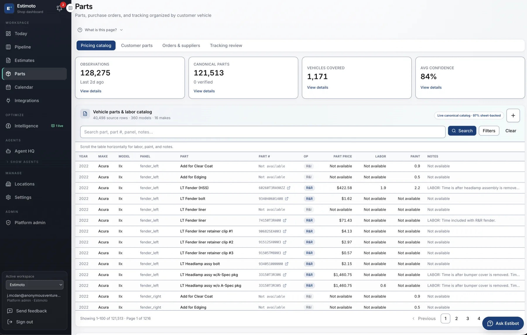 Parts pricing catalog with observations, canonical parts, vehicles covered and a searchable parts and labor table