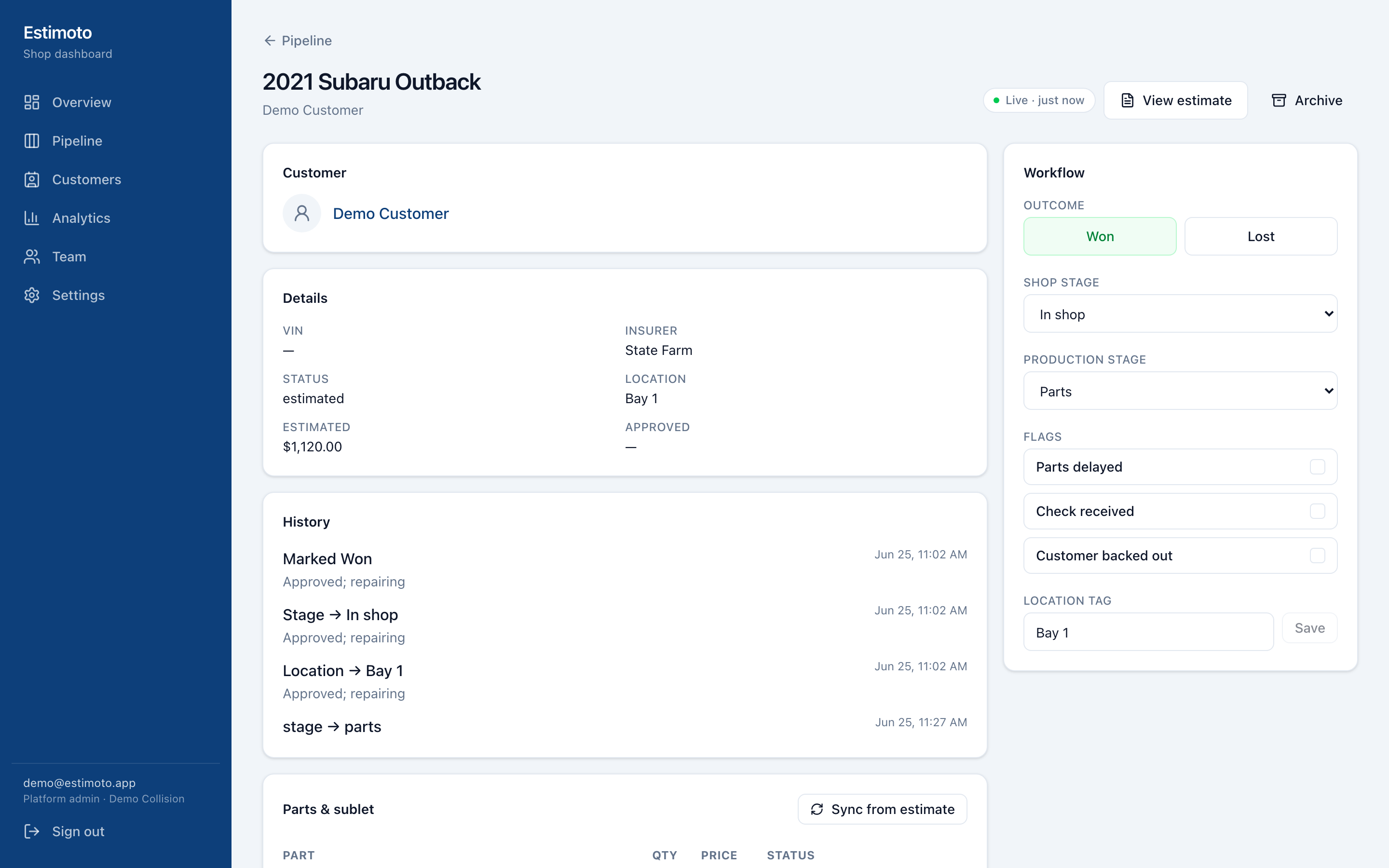 Estimoto estimate with line-item totals and an AI-generated assessment