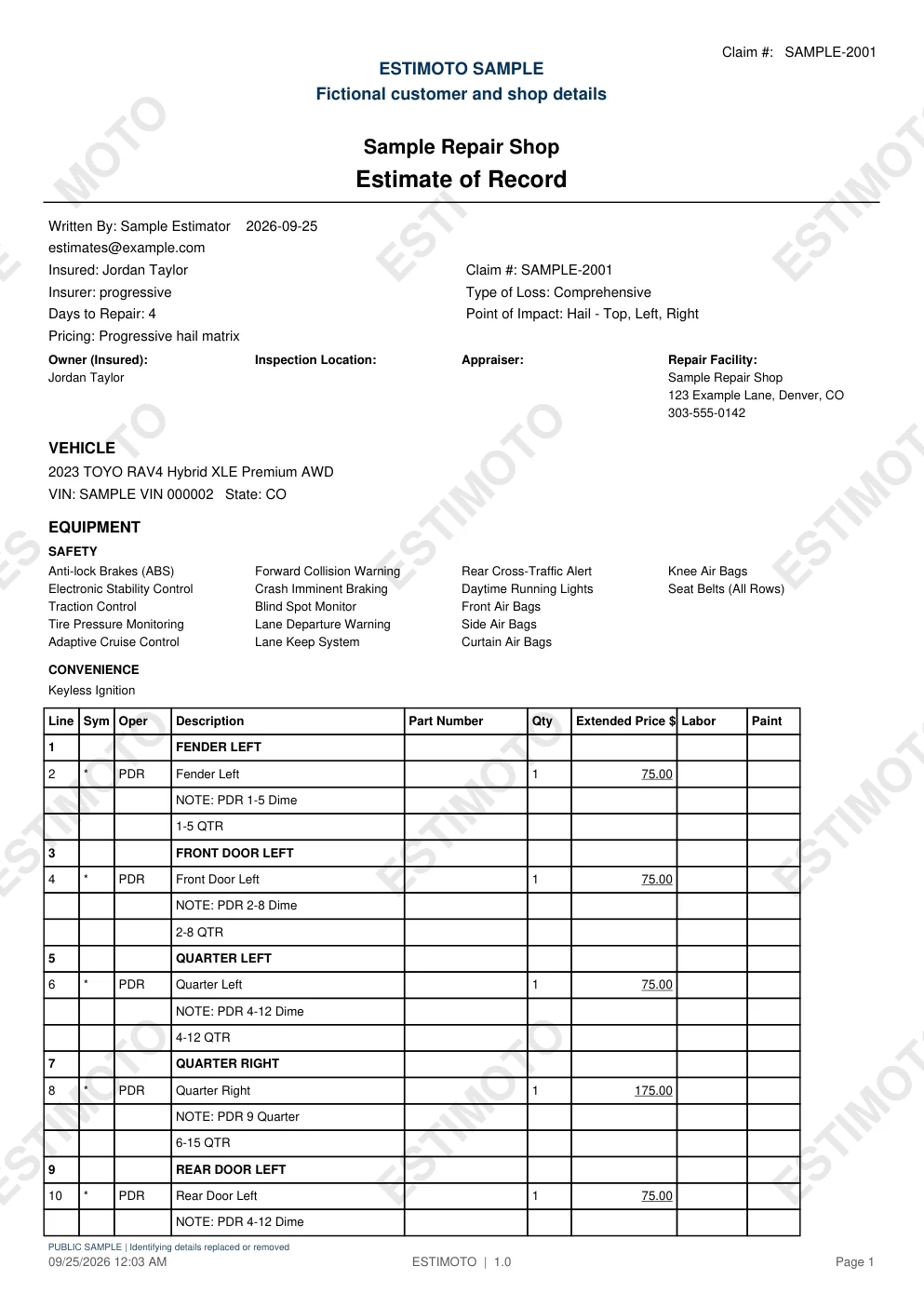 First page of the PDR sample estimate with fictional customer and shop details