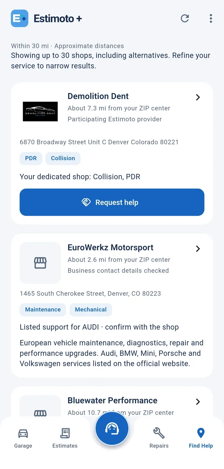 Estimoto + Find Help screen listing a participating PDR and collision shop 7 miles away with a Request help button