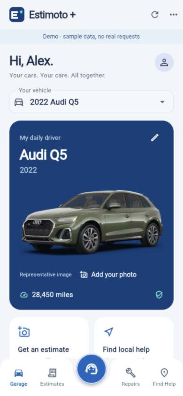Estimoto + demo Garage screen with a 2022 Audi Q5, 28,450 miles, and options to get an estimate or find local help