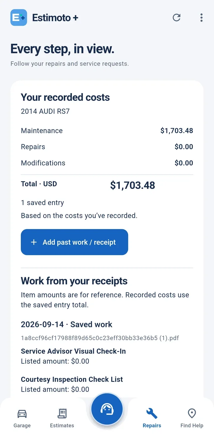 Estimoto + Repairs screen with recorded maintenance costs and work parsed from an uploaded receipt